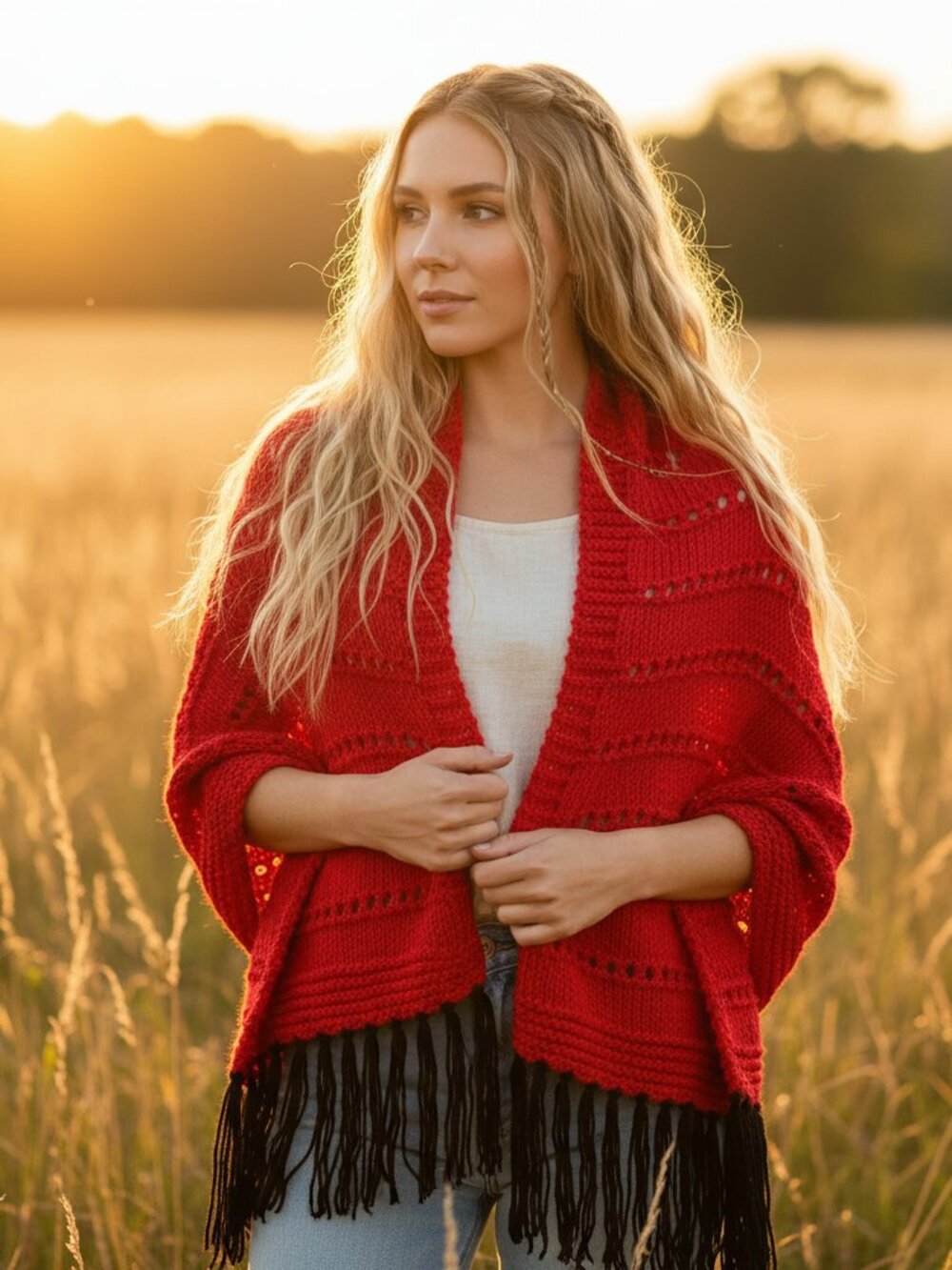 NEW Red Black Eyelet Mix Stitch Hand Knit Shawl Wrap Scarf Boho Hippie‎ Cottage